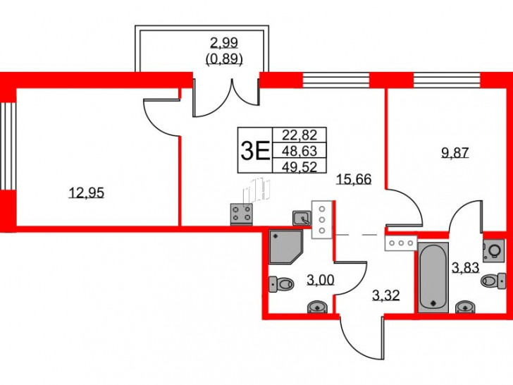 Двухкомнатная квартира 49.52 м²