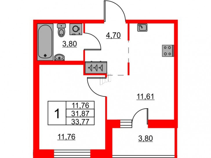 Однокомнатная квартира 33.77 м²