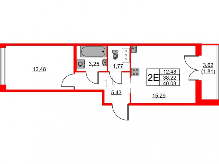 Однокомнатная квартира 40.03 м²