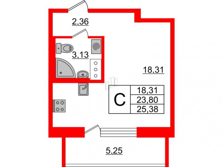 Студия 25.38 м²
