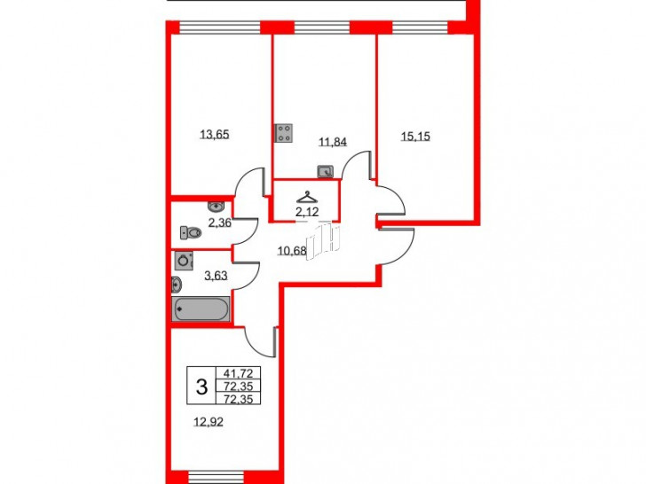 Трёхкомнатная квартира 72.35 м²