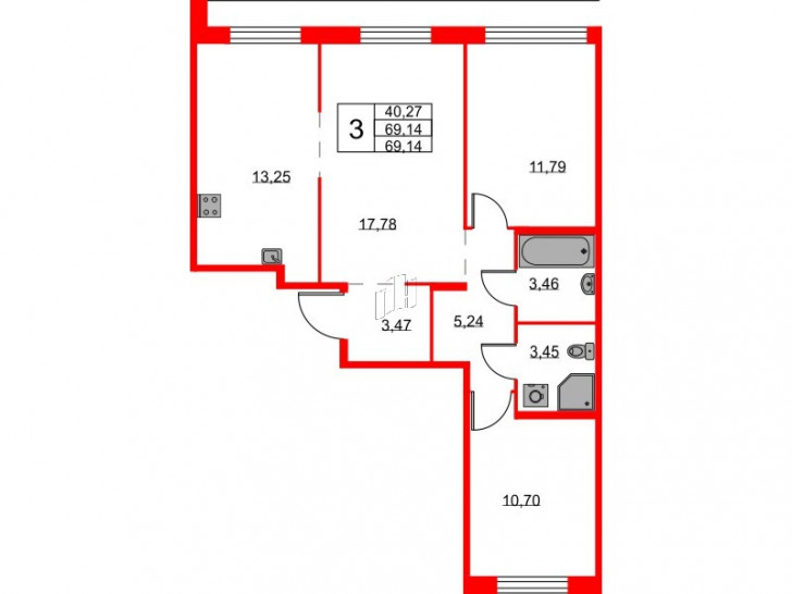 Трёхкомнатная квартира 69.14 м²