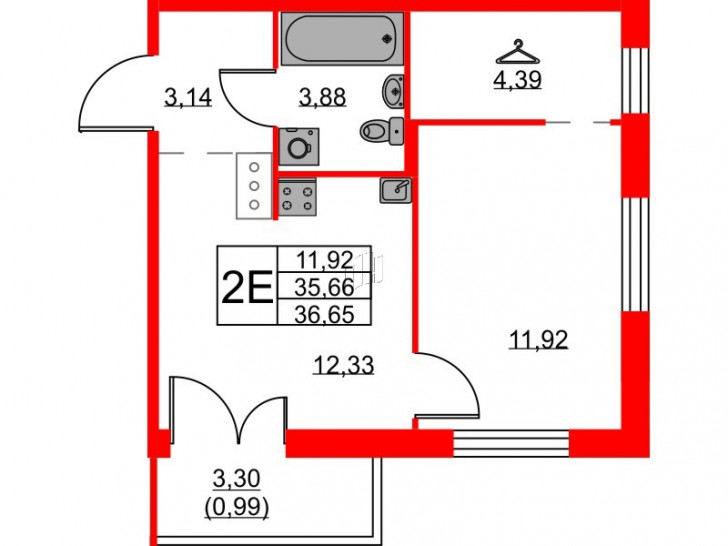 Однокомнатная квартира 36.65 м²