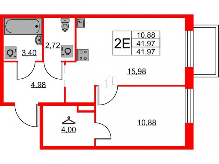 Однокомнатная квартира 41.97 м²