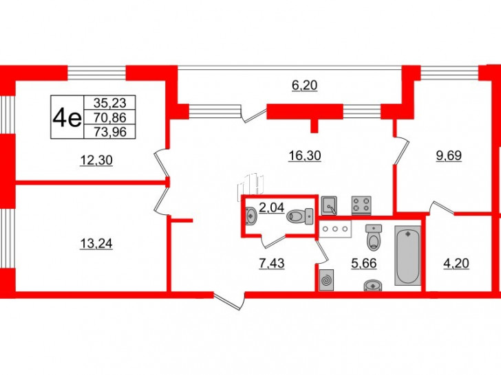 Трёхкомнатная квартира 73.96 м²