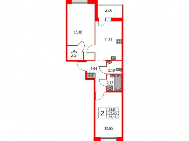 Двухкомнатная квартира 55.16 м²