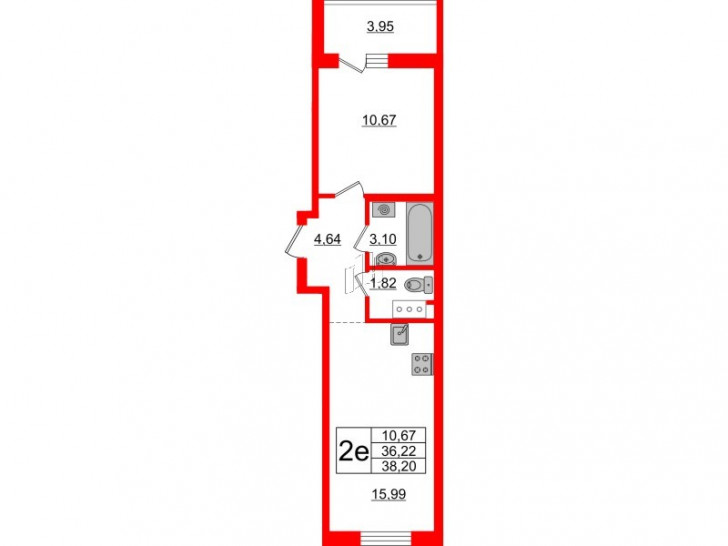Однокомнатная квартира 38.2 м²