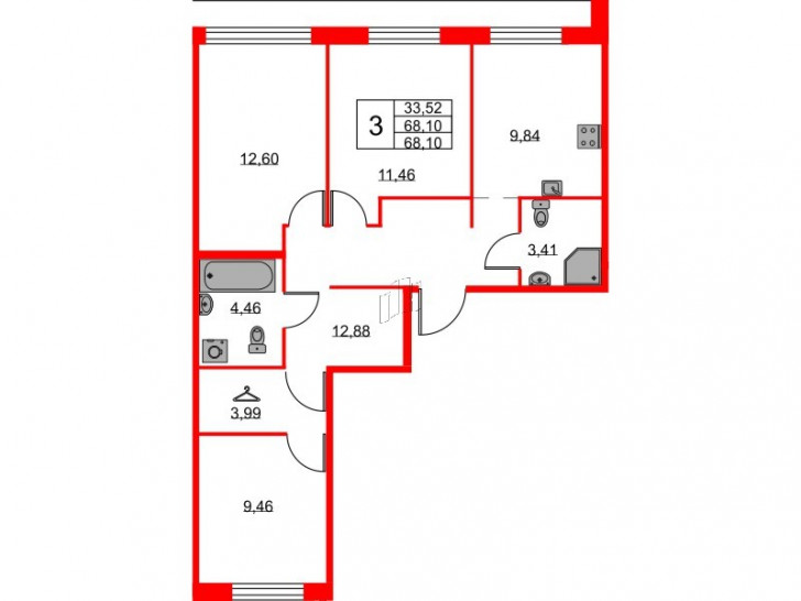 Трёхкомнатная квартира 68.1 м²