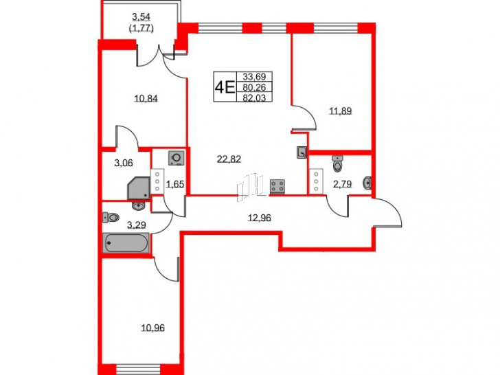 Трёхкомнатная квартира 82.03 м²
