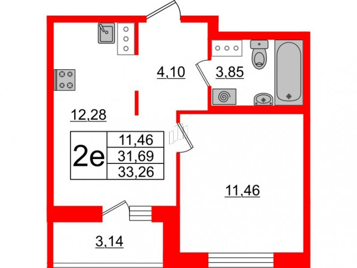 Однокомнатная квартира 33.26 м²