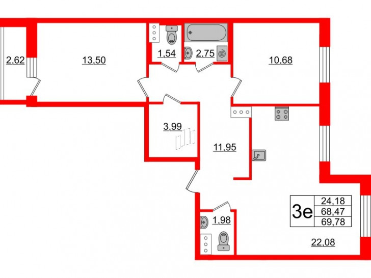 Двухкомнатная квартира 69.78 м²