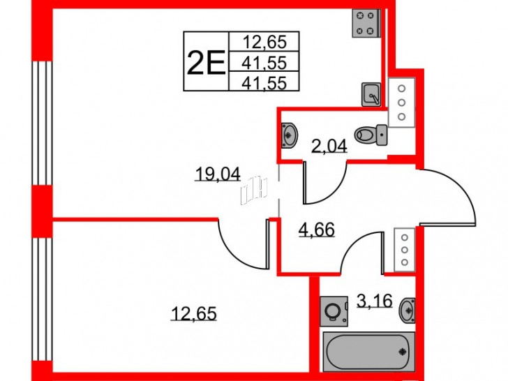 Однокомнатная квартира 41.55 м²