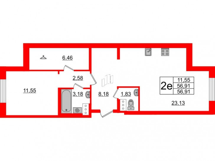 Однокомнатная квартира 56.91 м²